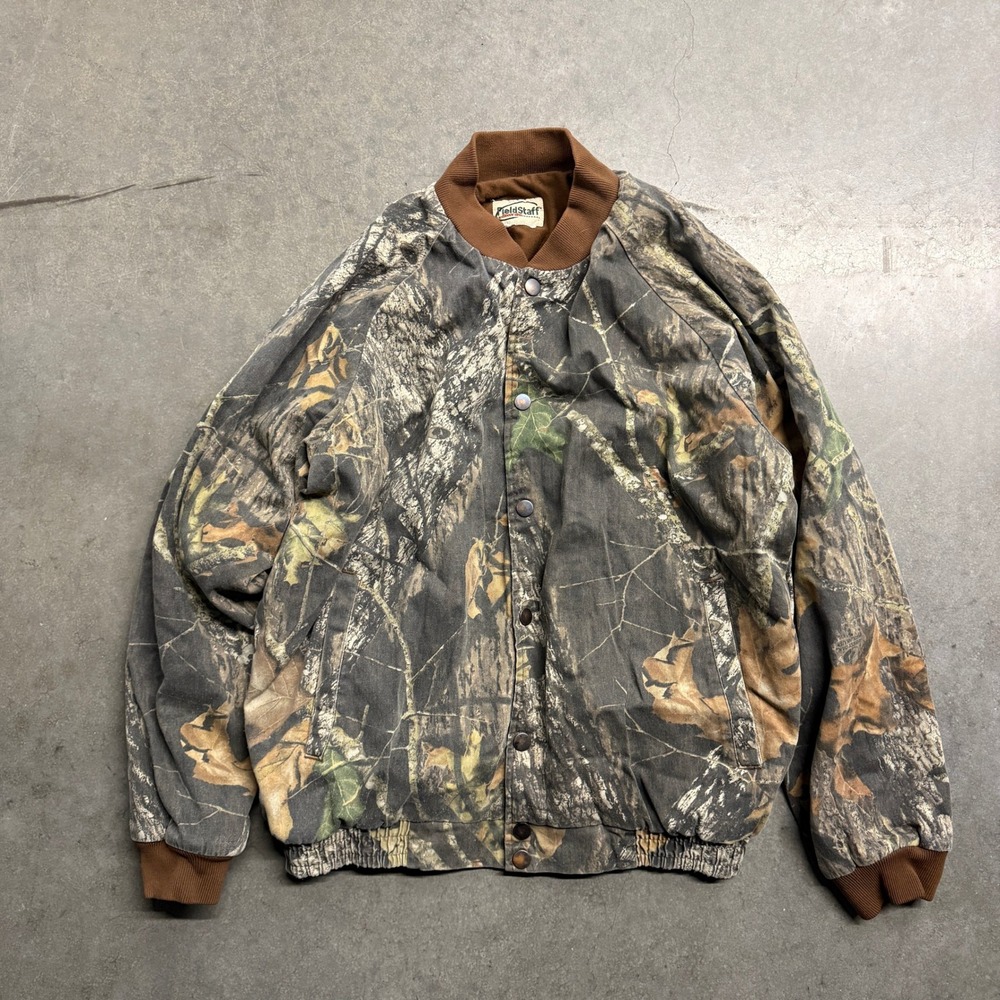 FieldStaff Mossy Oak Camo Bomber Jacket Mens XL Realtree Hunting Snap Front